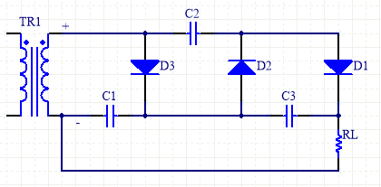 倍压整流电路原理图（TR1 变压器 + C1/C2/C3 + D1/D2/D3 + RL）